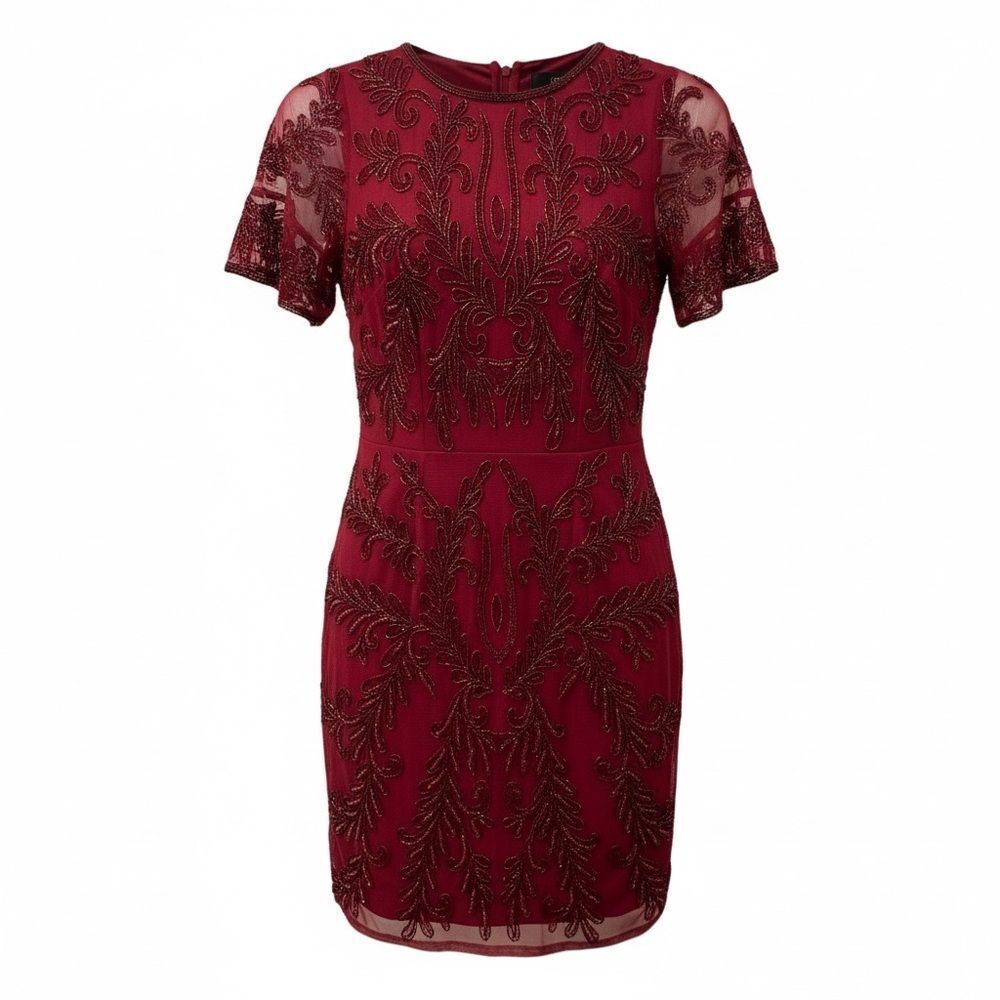 Adrianna Papell Burgundy Maroon Beaded Sheath Dress